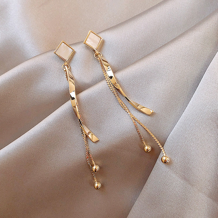 Silver Needle Geometric Square Long Curved Stick Slimming Earrings Temperament Wild Tassel