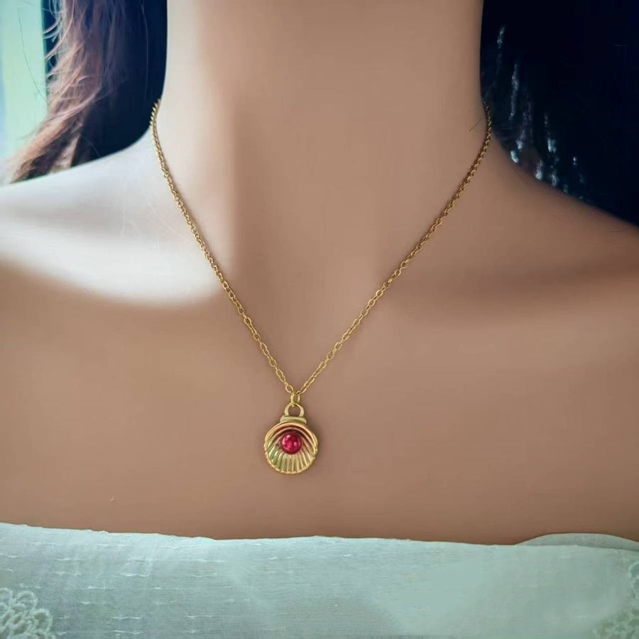 18K Dold Pearl Shell Pendant Chandelier Titanium Steel Necklace