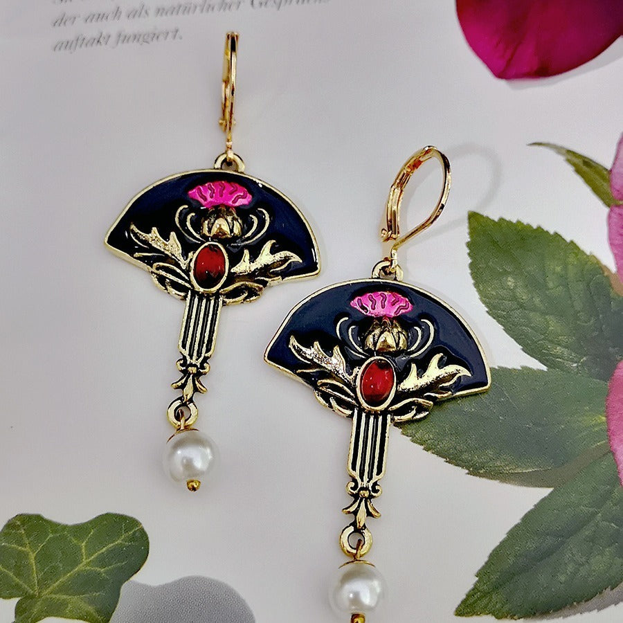 Purplish Red Flower And Pearl Earrings