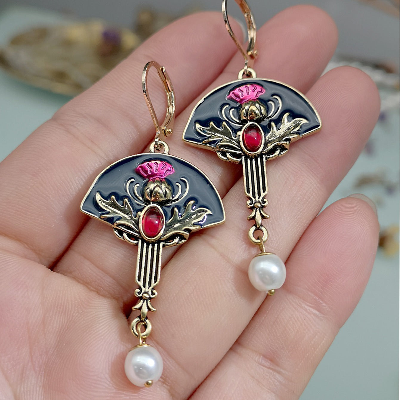Purplish Red Flower And Pearl Earrings